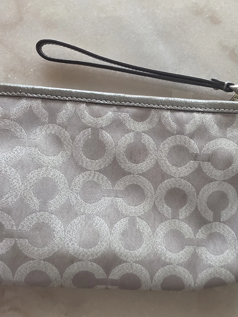 Coach Metallic Silver Signature Satin Wristlet with Dark Trim